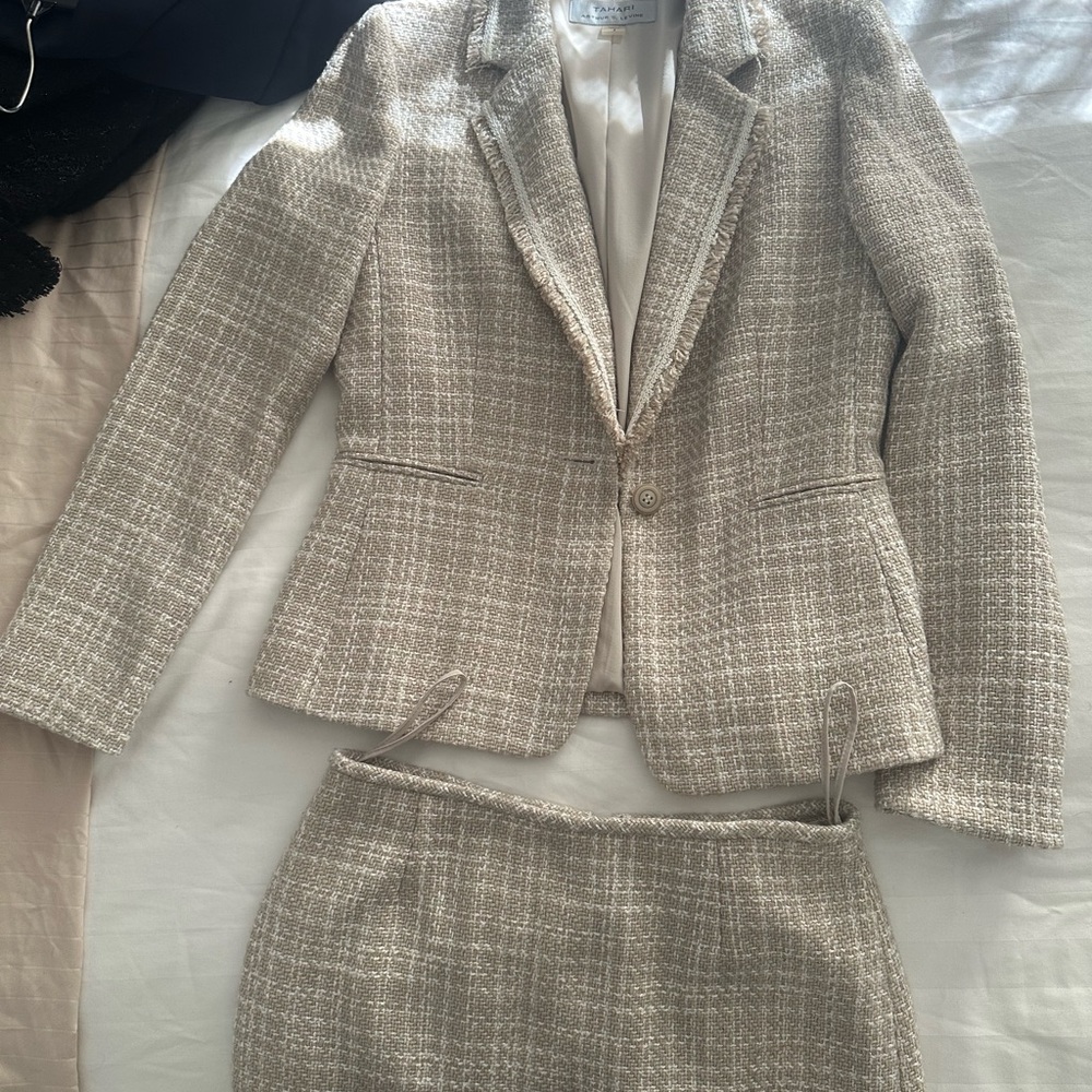 Tahari Beige Textured Blazer and Skirt Set